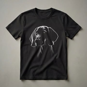 Black and white graphic t-shirt featuring the profile of a Weimaraner dog's head with detailed linework and expressive eyes.