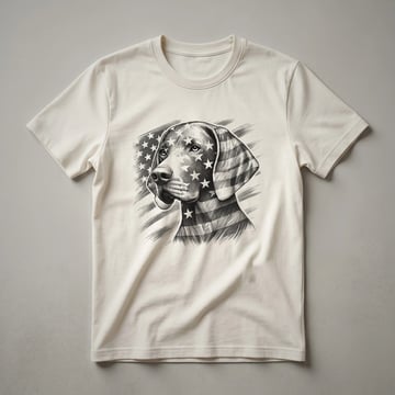 Grey Weimaraner dog wearing dark sunglasses with a faded American flag design in the background, printed on a white t-shirt.