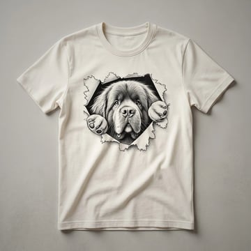 White graphic t-shirt featuring a black and white Newfoundland dog peeking over a colorful floral border.
