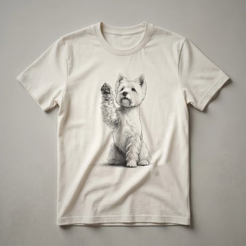 A white West Highland White Terrier dog is depicted raising its paw in a graphic design on a black t-shirt.