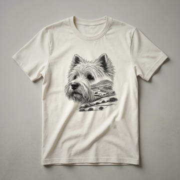 White West Highland White Terrier dog graphic t-shirt with a nature memorial design, featuring trees and subtle floral elements.