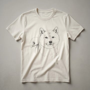 White graphic t-shirt featuring a stylized Shiba Inu dog face with floral accents in pink, purple, and green.