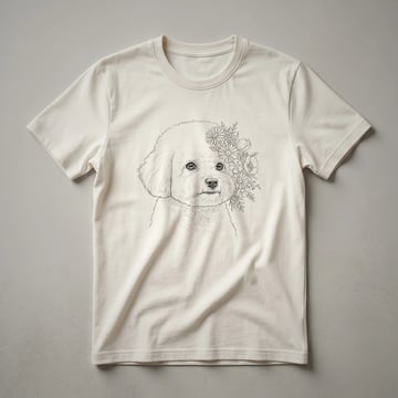White t-shirt with a graphic of a Bichon Frise dog surrounded by colorful flowers and leaves.