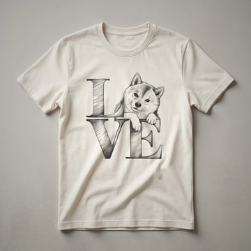 White graphic t-shirt featuring a stylized Shiba Inu dog within a floral heart design, with the text 'Love' below.