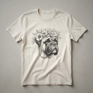 White t-shirt featuring a graphic of a Bullmastiff dog's face with a colorful floral wreath around its head.