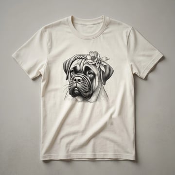 White t-shirt with a graphic of a Bullmastiff dog's face peeking over the bottom hem.