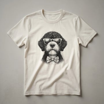 White t-shirt featuring a graphic of a Portuguese Water Dog wearing sunglasses with subtle red, white, and blue accents.
