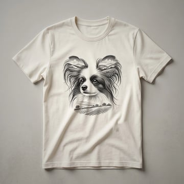 White t-shirt with a graphic design featuring a Papillon dog portrait, surrounded by floral elements and a sunset sky.
