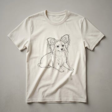 White t-shirt with a black sketch-style graphic of a Papillon dog peeking from the bottom edge.