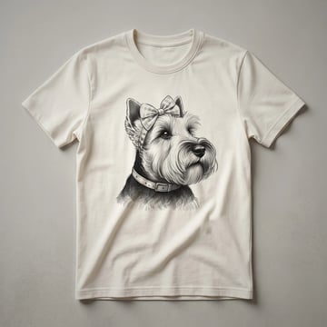 White graphic t-shirt featuring a black Scottish Terrier dog surrounded by colorful floral elements, with the text 'Dog Mom' and 'Scottie' visible.
