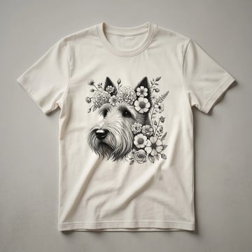 White graphic t-shirt with a black Scottish Terrier dog silhouette surrounded by colorful floral elements.
