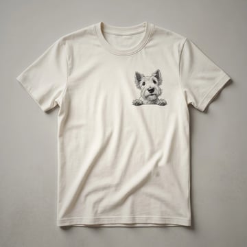 White graphic of a Scottish Terrier dog peeking over a line on a black t-shirt, showcasing its distinctive beard and alert expression.