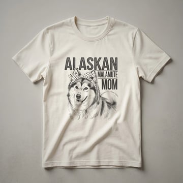 White graphic t-shirt featuring a stylized Alaskan Malamute head with floral accents and the text 'Alaskan Malamute Mom' in a decorative font.