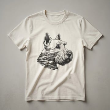 A graphic t-shirt featuring a black Scottish Terrier dog silhouette against a sunset with trees, designed for dog lovers.