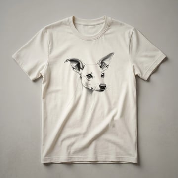 A white graphic t-shirt featuring a stylized whippet face with floral elements in shades of pink, purple, and green.