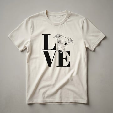 White graphic t-shirt featuring a black whippet silhouette adorned with colorful floral elements, designed for dog owners.