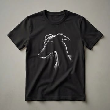 Black and white graphic t-shirt featuring a detailed profile illustration of a whippet's head with fine linework.