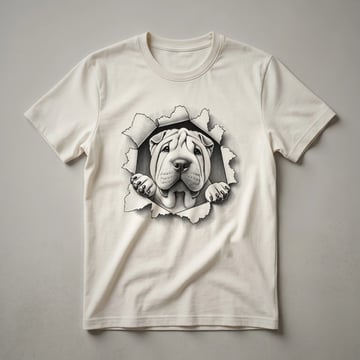 A white t-shirt with a graphic of a Chinese Shar-Pei dog's face peeking from the bottom edge, showing its wrinkled forehead and dark eyes.