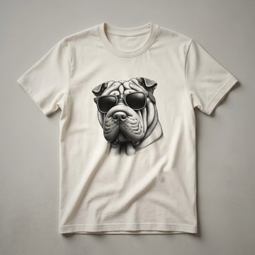 Black Chinese Shar Pei dog wearing dark sunglasses, printed on a white t-shirt with a distressed graphic effect.