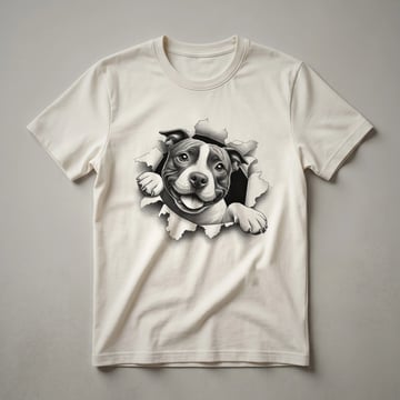 White graphic t-shirt with a cartoon Staffordshire Bull Terrier peeking from the bottom edge, showing its head and front paws.