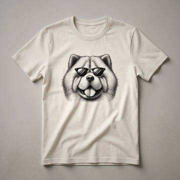 A white graphic t-shirt featuring a stylized portrait of a Chow Chow dog with its distinctive mane and the text 'Chow Chow Dad'.