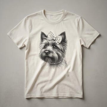 White graphic t-shirt featuring a black and white illustration of a Cairn Terrier's head with the words 'Cairn Terrier Mom' below it.