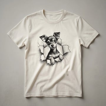White t-shirt featuring a graphic of a black and tan Miniature Pinscher dog peeking from the bottom edge, with alert ears and curious eyes.