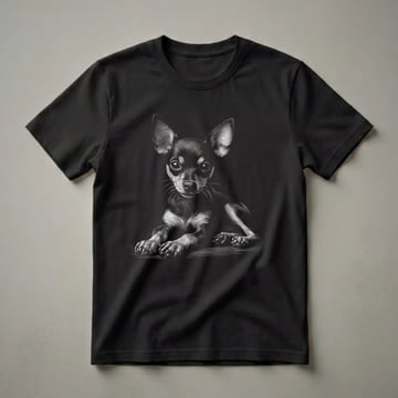 Black and white scratchboard art t-shirt featuring a Miniature Pinscher dog lying down with detailed fur texture and expressive eyes.