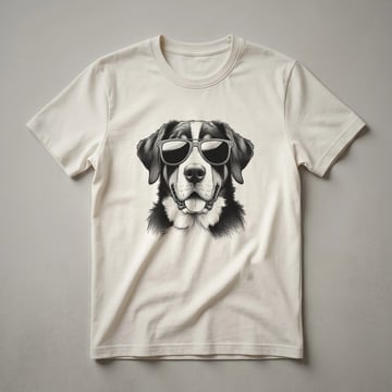 Black t-shirt with a graphic of a Greater Swiss Mountain Dog wearing dark sunglasses.