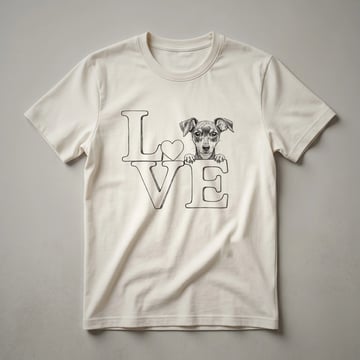 Black t-shirt with a graphic illustration of a Miniature Pinscher dog's head and body forming a heart shape, with the words 'Min Pin Love Art' below.