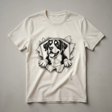 White graphic t-shirt featuring a cartoon Greater Swiss Mountain Dog peeking over the top edge, with its head and front paws visible.