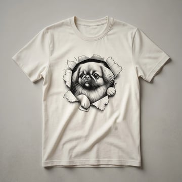 White graphic t-shirt featuring a cartoon Pekingese dog peeking over the bottom edge of the design.