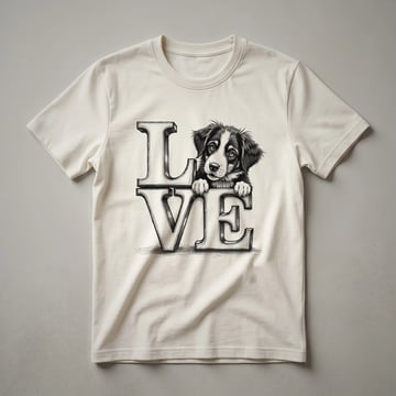 A white t-shirt with a graphic of a Greater Swiss Mountain Dog's head peeking over a red heart.