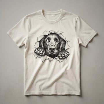 Black Flat-Coated Retriever peeking from the left side of a white t-shirt, showcasing its head and friendly expression.