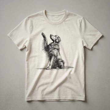 Black Flat-Coated Retriever dog raising its front paw in a graphic design on a t-shirt.