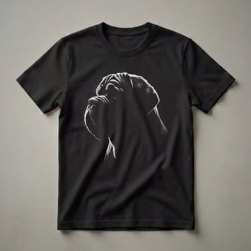 Black and white graphic t-shirt featuring the profile art of a Dogue de Bordeaux dog's face with dramatic lighting against a black background.