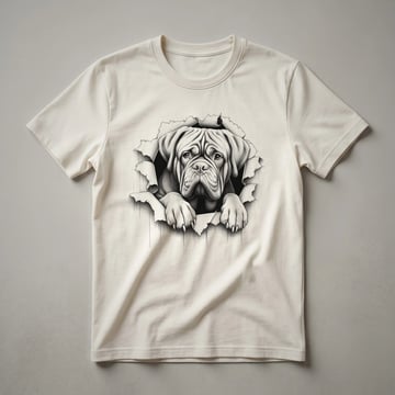 White graphic t-shirt featuring a Dogue de Bordeaux dog peeking from the bottom edge, with its head and shoulders visible.