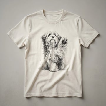 A white graphic t-shirt featuring a black dog paw print with the words 'Tibetan Terrier' inside the paw.