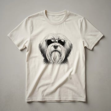 Black t-shirt with a graphic of a Tibetan Terrier wearing sunglasses in front of a distressed American flag, designed for men.