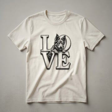 Black t-shirt with a graphic of a Belgian Tervuren dog's head outlined with a heart shape, symbolizing love for the breed.