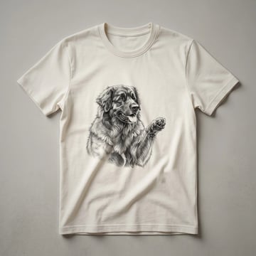 Black graphic t-shirt featuring a sketch of a Leonberger dog with its paw raised.