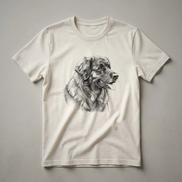 White t-shirt with a black and white sketch of a Leonberger dog's head, featuring its distinctive mane and facial features.