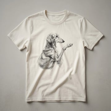 Black graphic t-shirt featuring a minimalist line art drawing of a Saluki dog with its front paw raised.