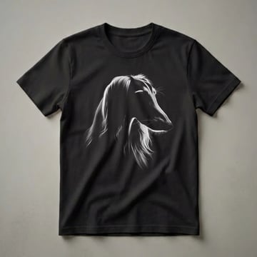 Black and white profile art of a Saluki dog's head, showcasing its long flowing hair and distinctive facial features against a black background.