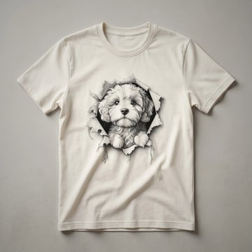 White t-shirt with a graphic of a Cavapoo dog peeking over the bottom hem, showing its face and front paws.