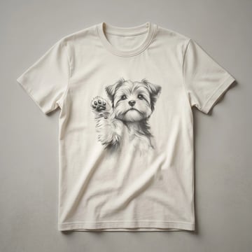 White graphic t-shirt with the word 'LOVE' in black, where the 'O' and 'V' are replaced by black paw prints, symbolizing Morkie love.
