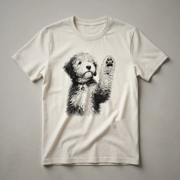 White Sheepadoodle dog raising its paw in a black line art graphic on a t-shirt.