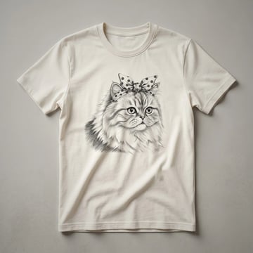White graphic t-shirt featuring a black and white illustration of a Persian cat's face with the words 'Cat Mom' below.
