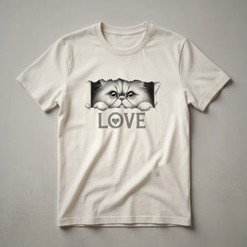 Black graphic t-shirt featuring a stylized Persian cat face with a heart and paw print.