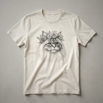 White t-shirt featuring a graphic of a Ragdoll cat's face with blue eyes, surrounded by a colorful arrangement of flowers.